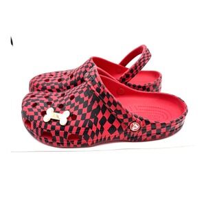 Red And Black Checkered Crocs US Size M12 Lined With Gold Color Bone